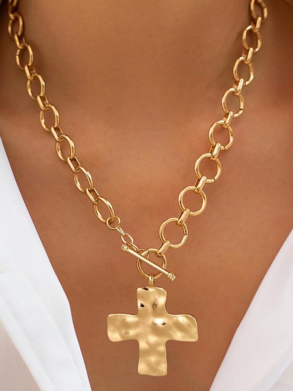 Gold Hammered Cross Pendant Toggle Necklace - Women Jewelry - Picture 2 of 7